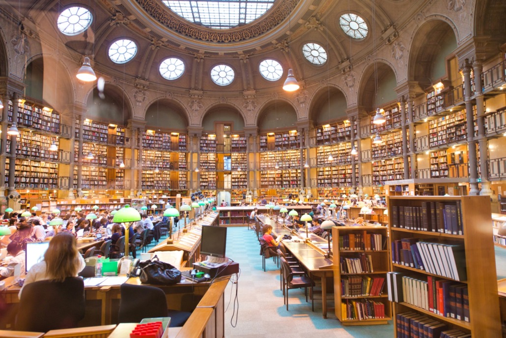 PARIS - JUNE 2014: Old interior of the French National Library in downtown Paris.