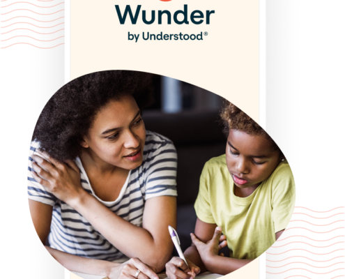 Wunder App illustration of phone with app on it, and picture of parent and child on app.